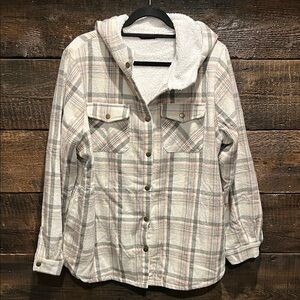 Cozy Hooded Plaid Shacket - Cream & Pink